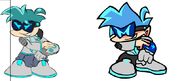 The concept for Cyber BF on the left, and how his sprite appears in the mod on the right.