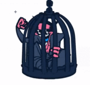 Old henchman in a cage.